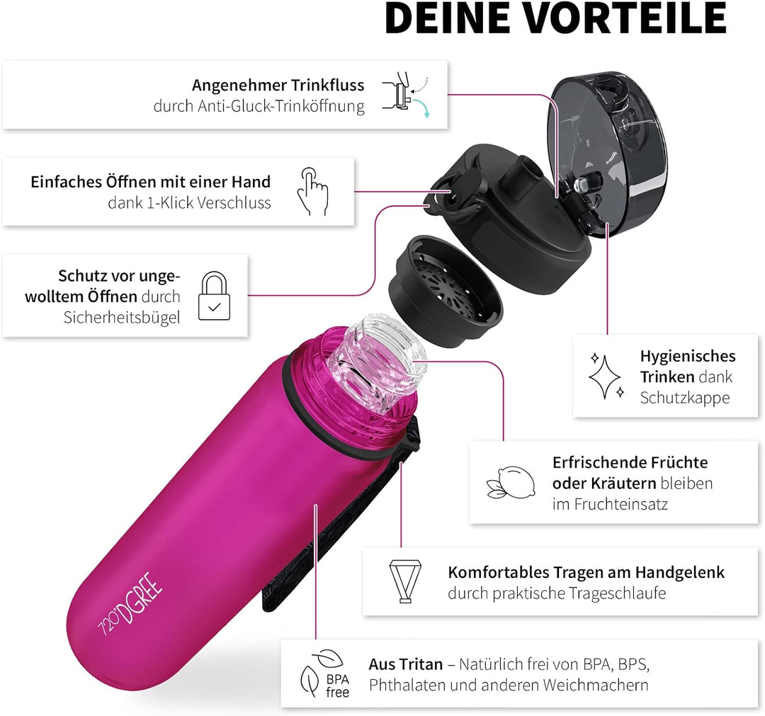 720°DGREE Trinkflasche “uberBottle“ 350ml, 500ml, 650ml, 1l, 1,5 Liter softTouch +Früchtebehälter -