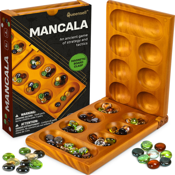 Mancala-Brettspiel mit Magnetverschluss – Klassisches Faltspiel für 2 Spieler – Mancala-Set aus Holz