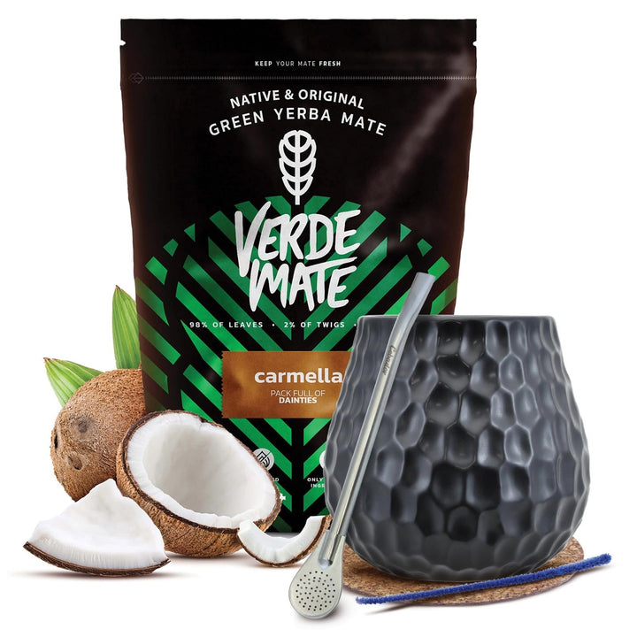 Mate Tee Set Verde Mate - Yerba Mate Carmella Tostada 500g - aus Brasilien - 5mm Grobe Blätter - Ger