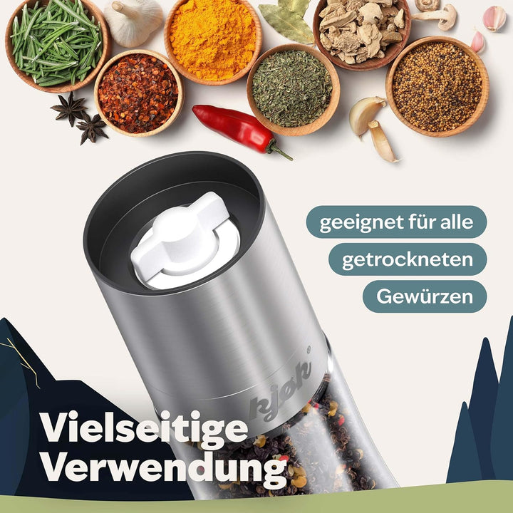 kjøk Premium Salz und Pfeffermühle Edelstahl gebürstet, Glas und BPA - 2er Set Gewürzmühle mit Keram