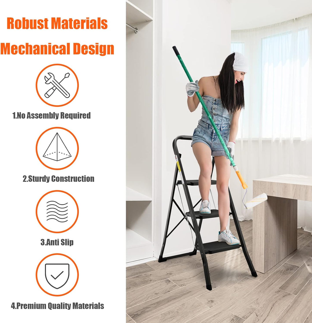 HBTower Leiter 3 Stufen Klappbar, Trittleiter mit Anti-Rutsch-Pedal, 20 cm breite Stufen, 150KGS Kap