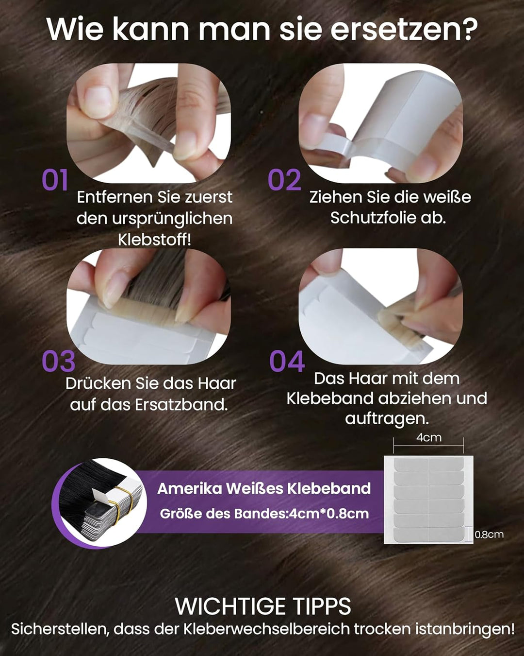 LaaVoo Extensions Echthaar Tape in Braun Echthaar Extensions Tape Dunkelbraun Haarverlängerung Echth