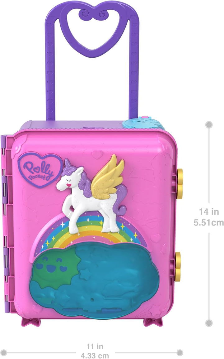 Polly Pocket Pollyville Urlaub im Rollkoffer - 4 Puppen, 1 Fahrzeug, 25+ Zubehörteile, Strand, Prome