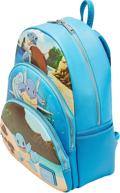 Loungefly Pokemon Squirtle Evolution Rucksack mit drei Taschen, Mehrfarbig/Meereswellen (Ocean Tides