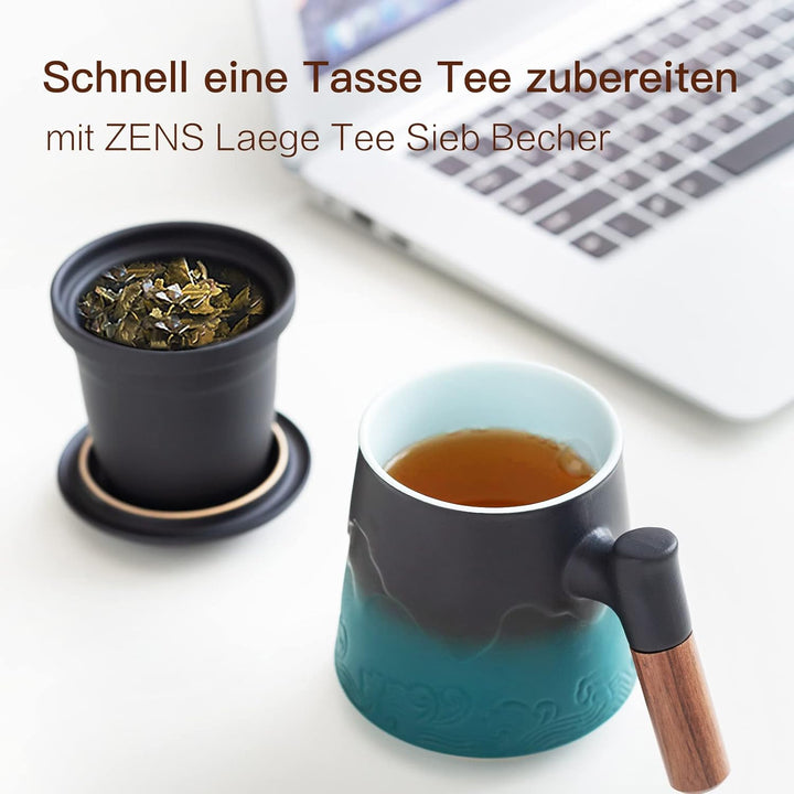 ZENS Teetasse mit Deckel und Teesieb, 450ml Grosse Holzgriff Teebecher mit Sieb und Gradienten Geprä