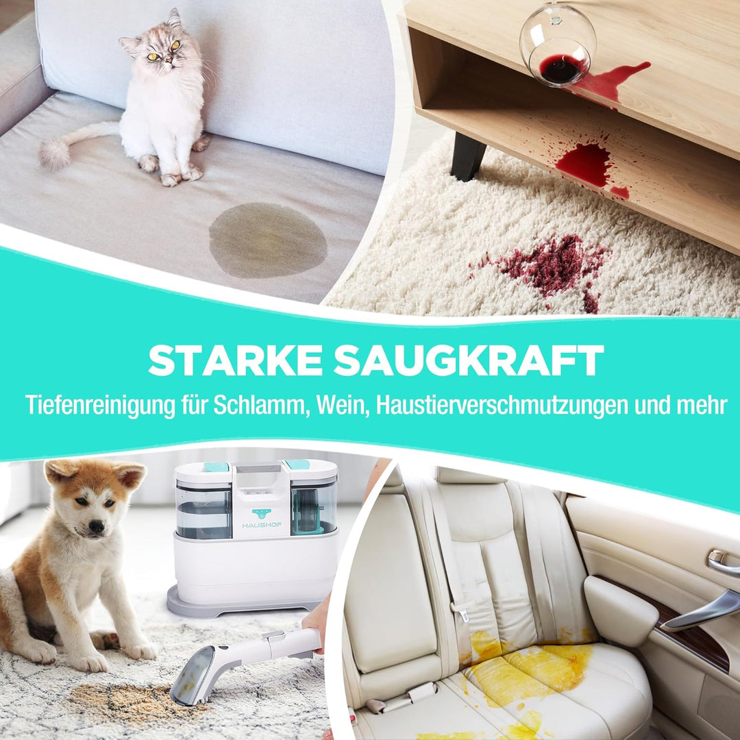 HAUSHOF StainZapper Air, Akku Waschsauger für Auto 12kPa, 24V Kabelloser Fleckenreiniger Teppichrein