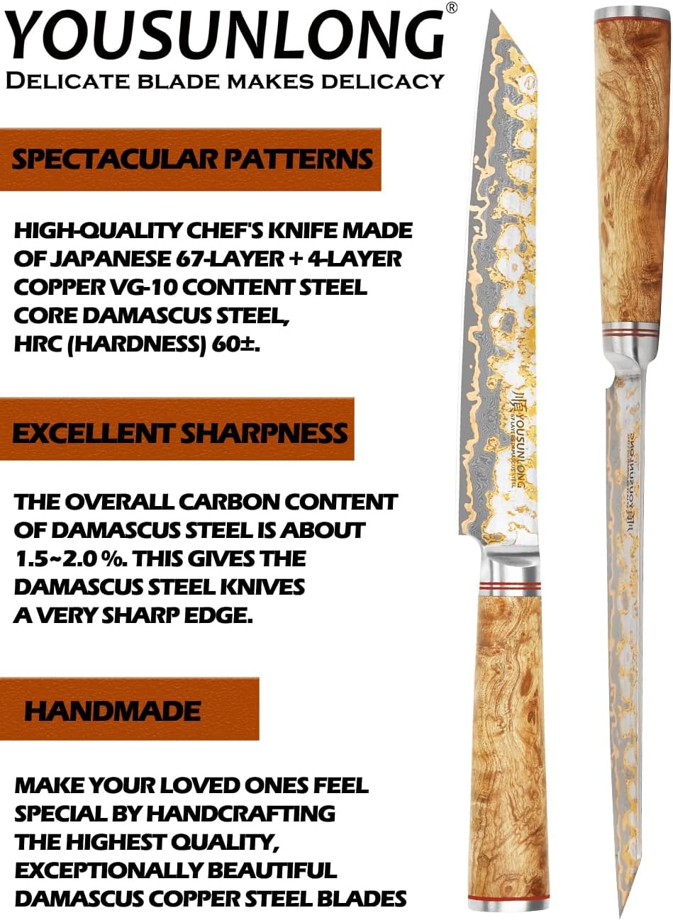 YOUSUNLONG Sujihiki Slicing-Messer,205mm Sashimi-Sushi-Messer,Handgefertigter Kupfer-Damaszener-Stah
