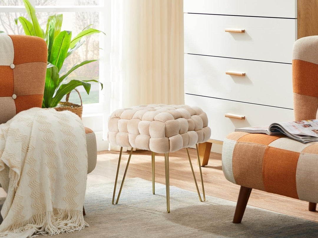 Zedelmaier Moderner Velvet Kosmetik Hocker, Quadratisch Ottoman-Fusshockermit goldfarbenen Metallbei