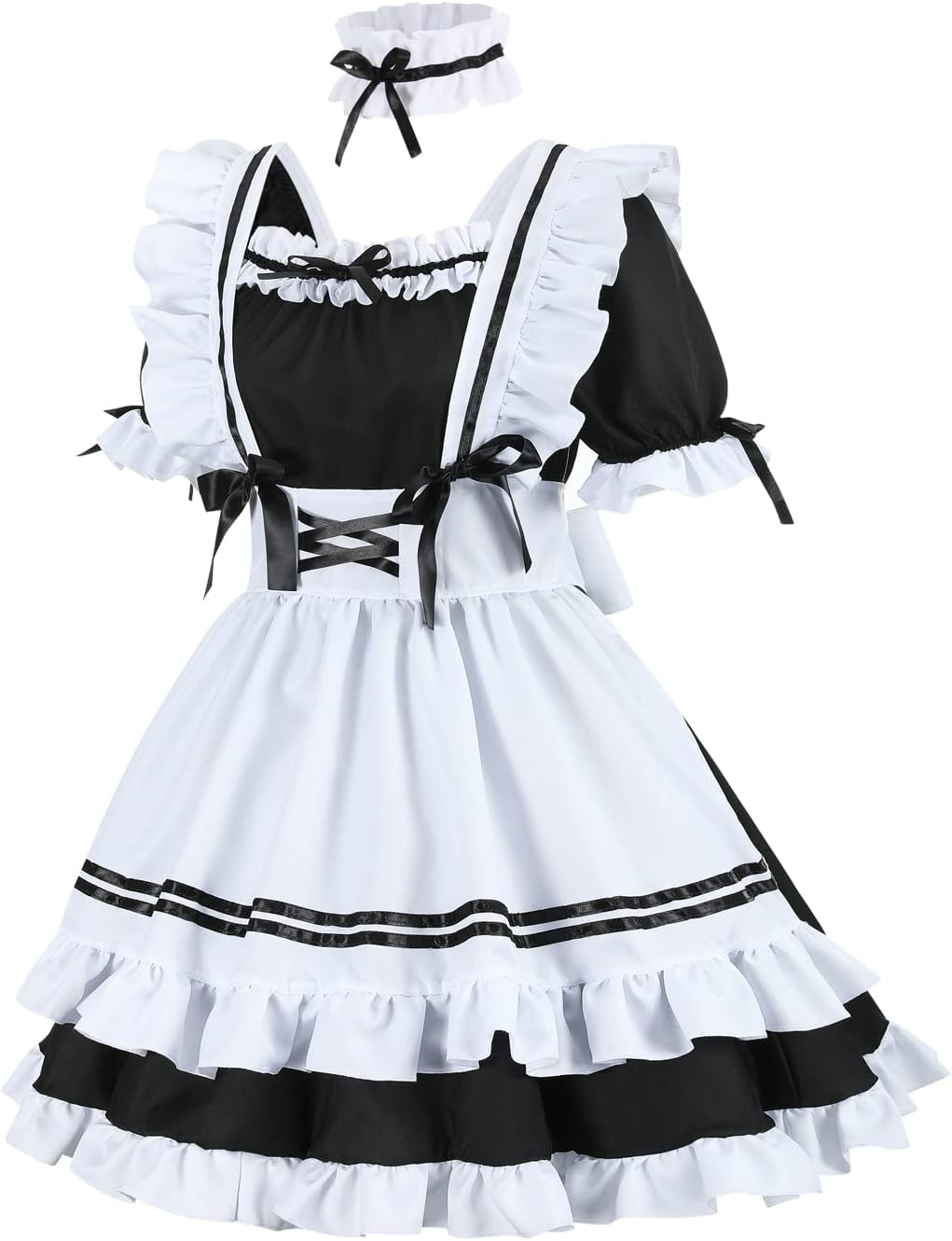 nbe - Niedliches Anime Französisch Dienstmädchenkleid mit 12-TLG. Kuchengarnitur, Herz-Choker-Kostüm