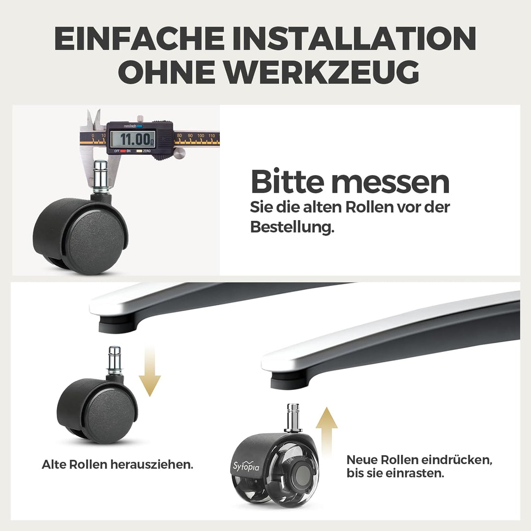 Sytopia Universal Bürostuhlrollen, 5er Set Bürostuhl Rollen 11x22MM, Perfekte Leise Gummirollen für
