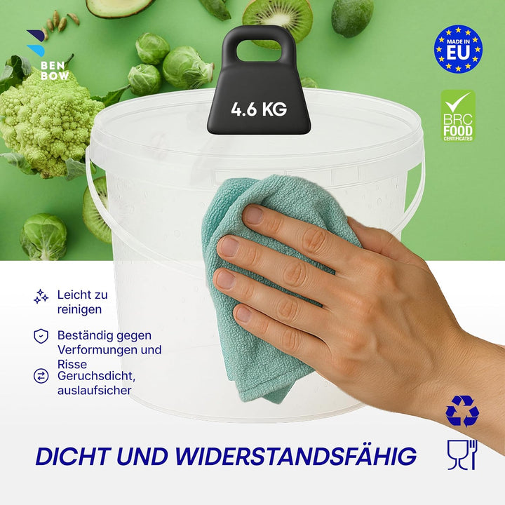 BenBow Eimer mit Deckel 3l transparent 10x 3 Liter - lebensmittelecht, stabil, luftdicht - Plastikei