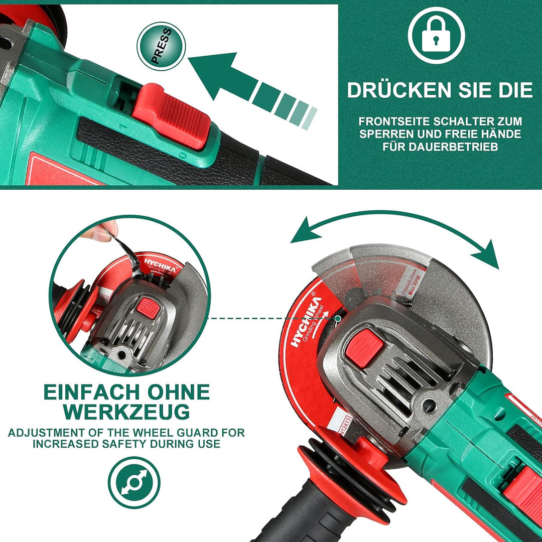 Winkelschleifer, HYCHIKA 18V Akku-Winkelschleifer 8500 U/min mit 3 Schleifscheiben, 4,0-Ah-Akku, Hil