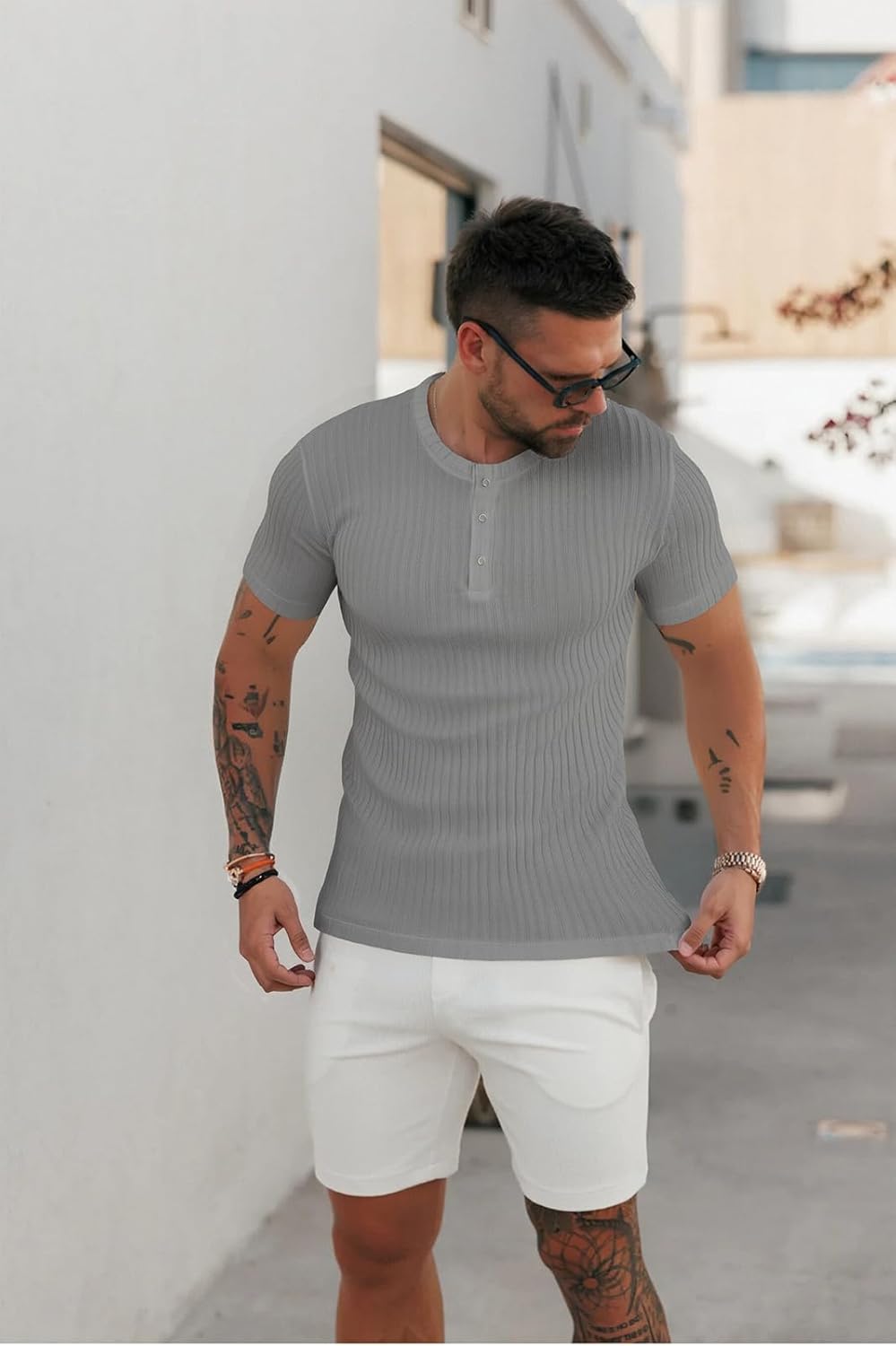 Muscle Cmdr Muscle Henley Shirt Herren Langarm, Slim-fit Langarmshirt, Freizeit T-Shirt aus Baumwoll