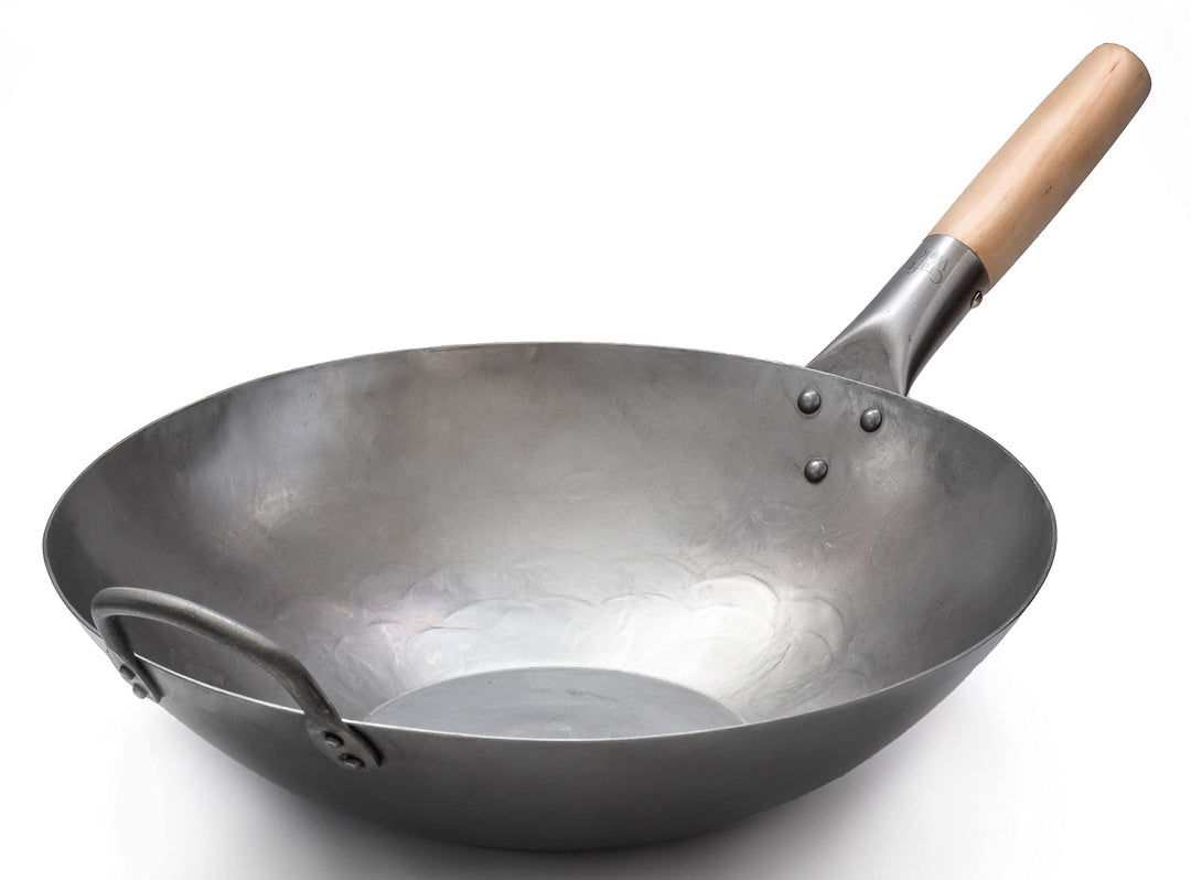 Craft Wok 731W316 Pow-Wok, flach, handgehämmerter Karbonstahl, mit Holz- und Stahlgriff, 35,6 cm, fl