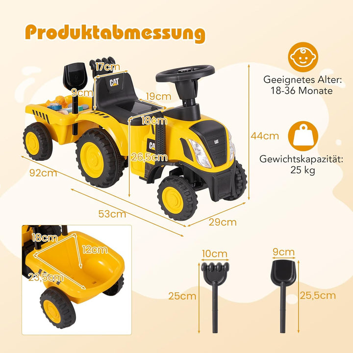 DREAMADE Kinder Rutschtraktor mit Abnehmbarem Anhänger, Hupe, LED-Lichtern, Rechen & Schaufel - Ruts