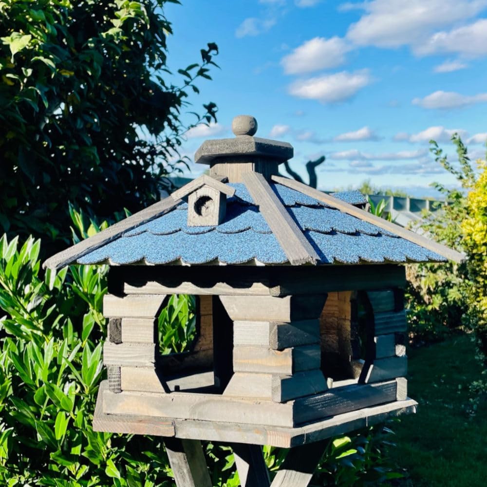 handgefertigtes Vogelfutterhaus XL Sechseck Holz Vogelhaus Futterstelle Braun/Blau XL ohne Ständer D