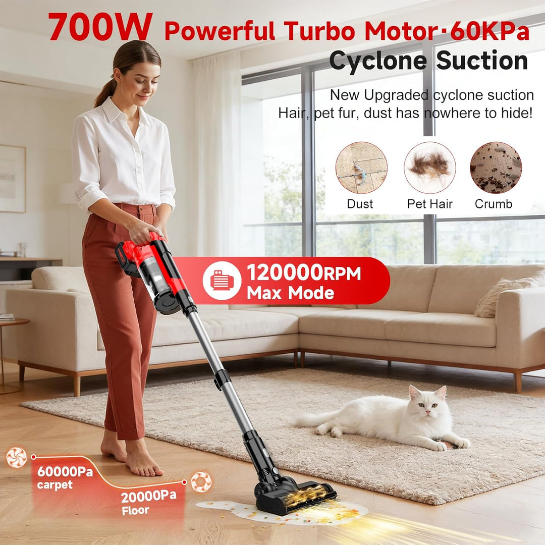 Akku Staubsauger,60000Pa/700W/70 Mins Staubsauger Kabellos mit 2 * 4,0 Ah Abnehmbaren Akkus,LED Touc