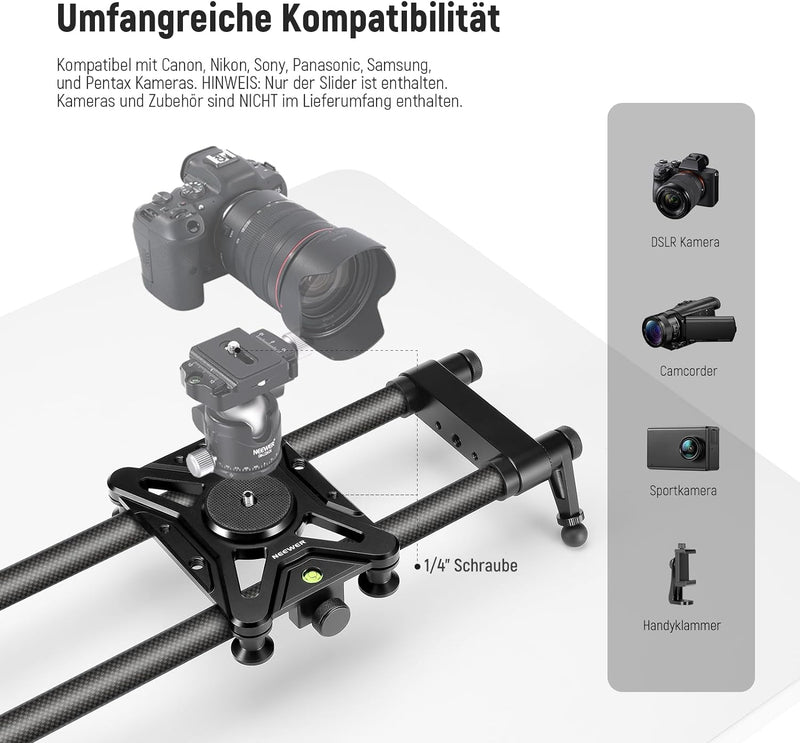 NEEWER 31,5"/80cm Kohlefaser Kameraslider, Dolly mit dickerem Rohr und stabilerer Unterstützung, 4 p