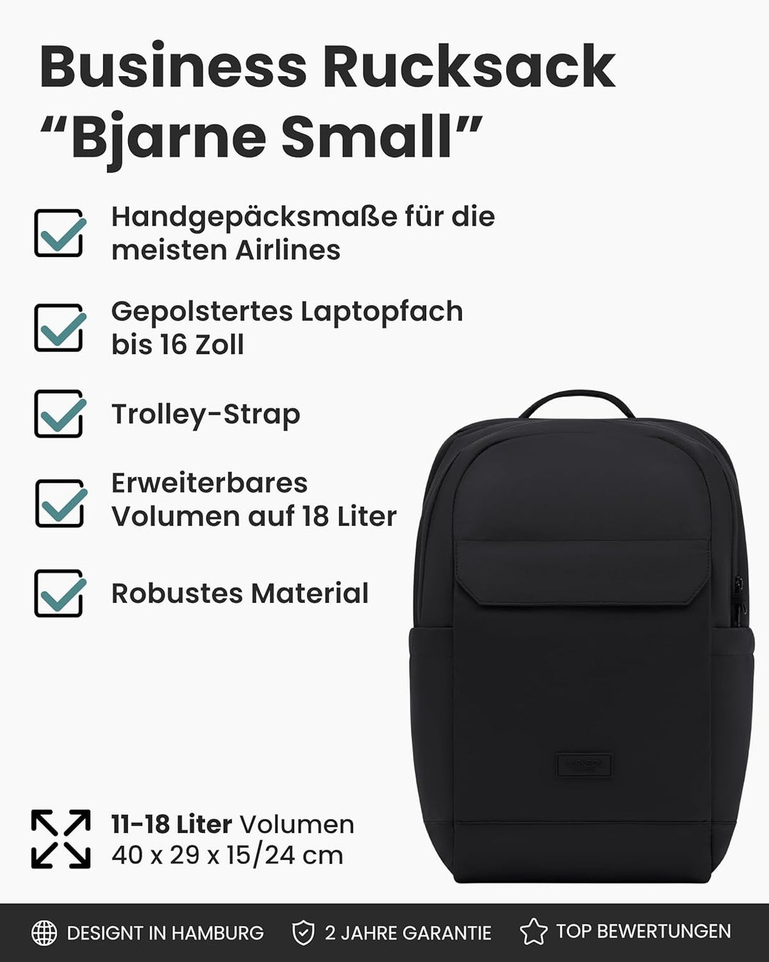 LARKSON Business Laptop Rucksack Herren Schwarz - Bjarne Small - Kleiner Arbeitsrucksack mit 16 Zoll