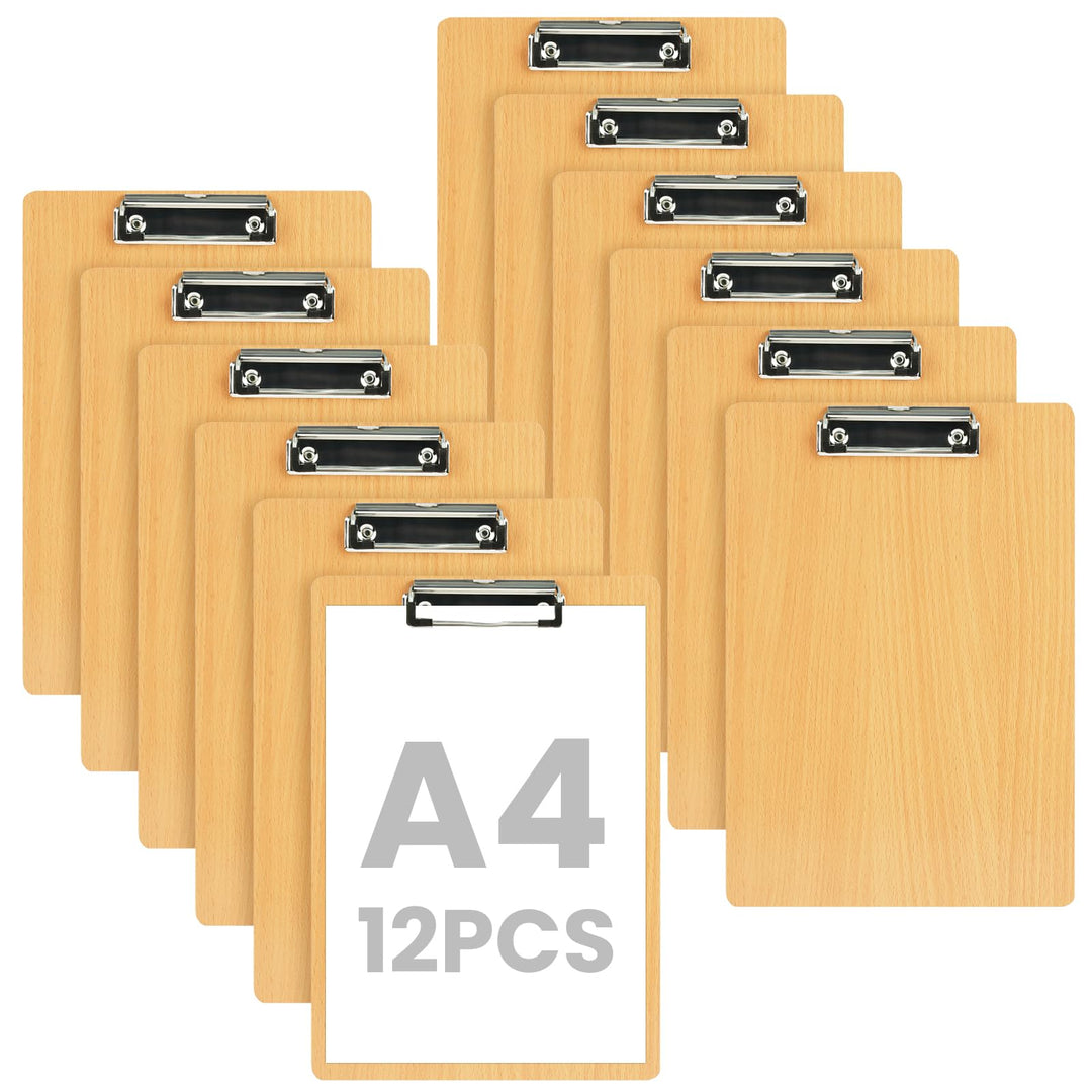 OFFCUP Klemmbrett A4 Holz, 12 Stück Klemmbretter mit Metalklemme Clipboard Schreibbrett A4 Hartplatt