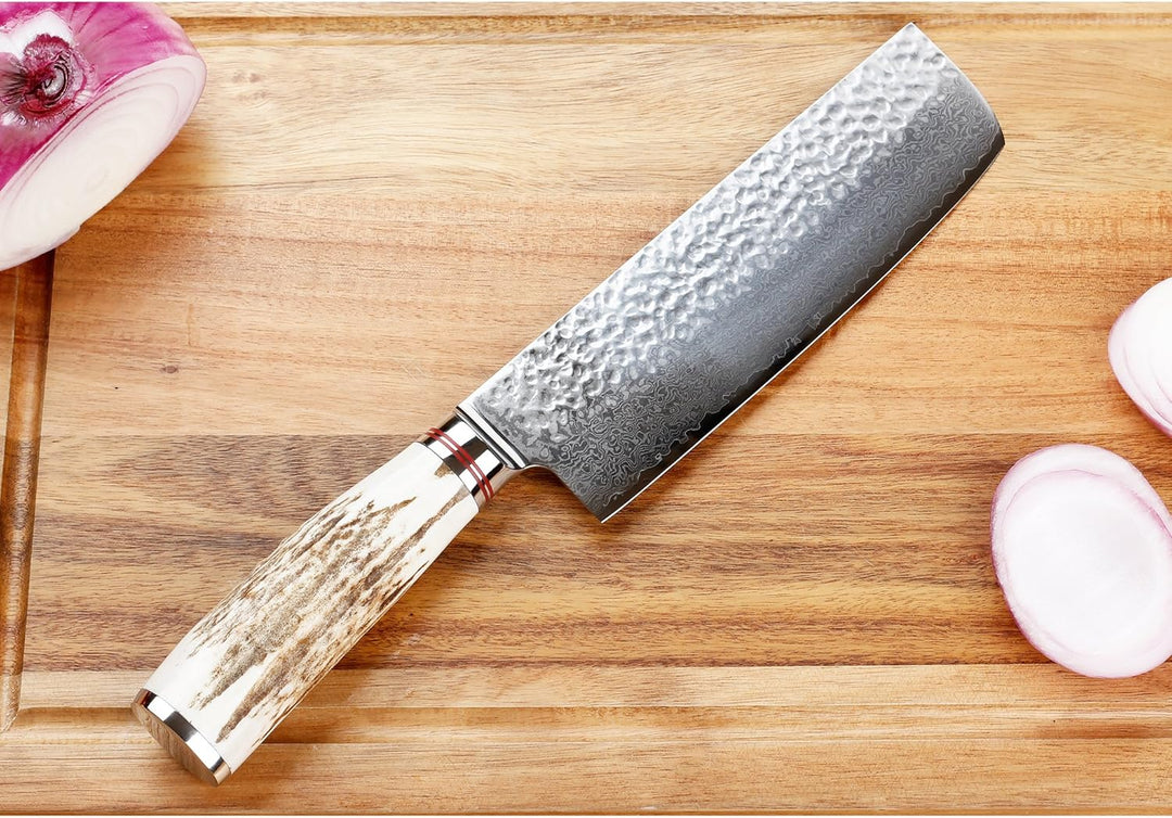 Sunlong Nakiri Messer 6,5 Zoll Usuba Messer Japanischer Hammered Damaskus Stahl Naturgeweih Griff Na