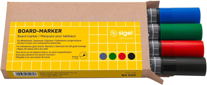 SIGEL BA311 Starterset - für Whiteboards und Glas-Magnetafeln - 4 Board-Marker, 4 Holz-Magnete, Eras
