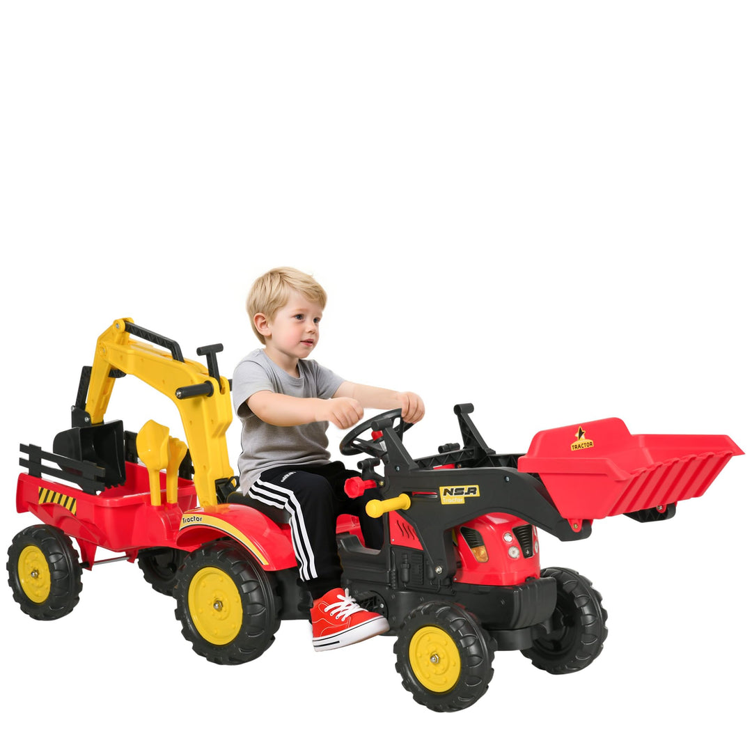 HOMCOM Trettraktor mit Anhänger, Frontlader, Verstellbarer Schaufel, Traktor Tretfahrzeug für Kinder