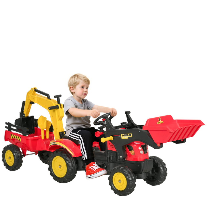 HOMCOM Trettraktor mit Anhänger, Frontlader, Verstellbarer Schaufel, Traktor Tretfahrzeug für Kinder