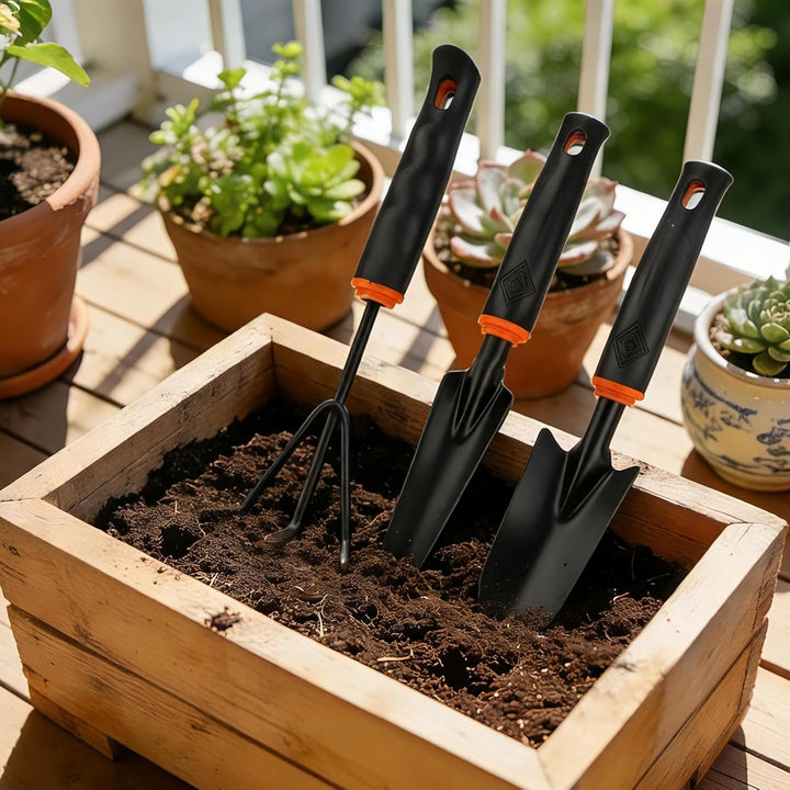 Gartenwerkzeug Set 3 Stück Schwarzer Schmaler Gartenschaufel (32 x 6 cm) Pflanzschaufel (34 x 3.7 cm
