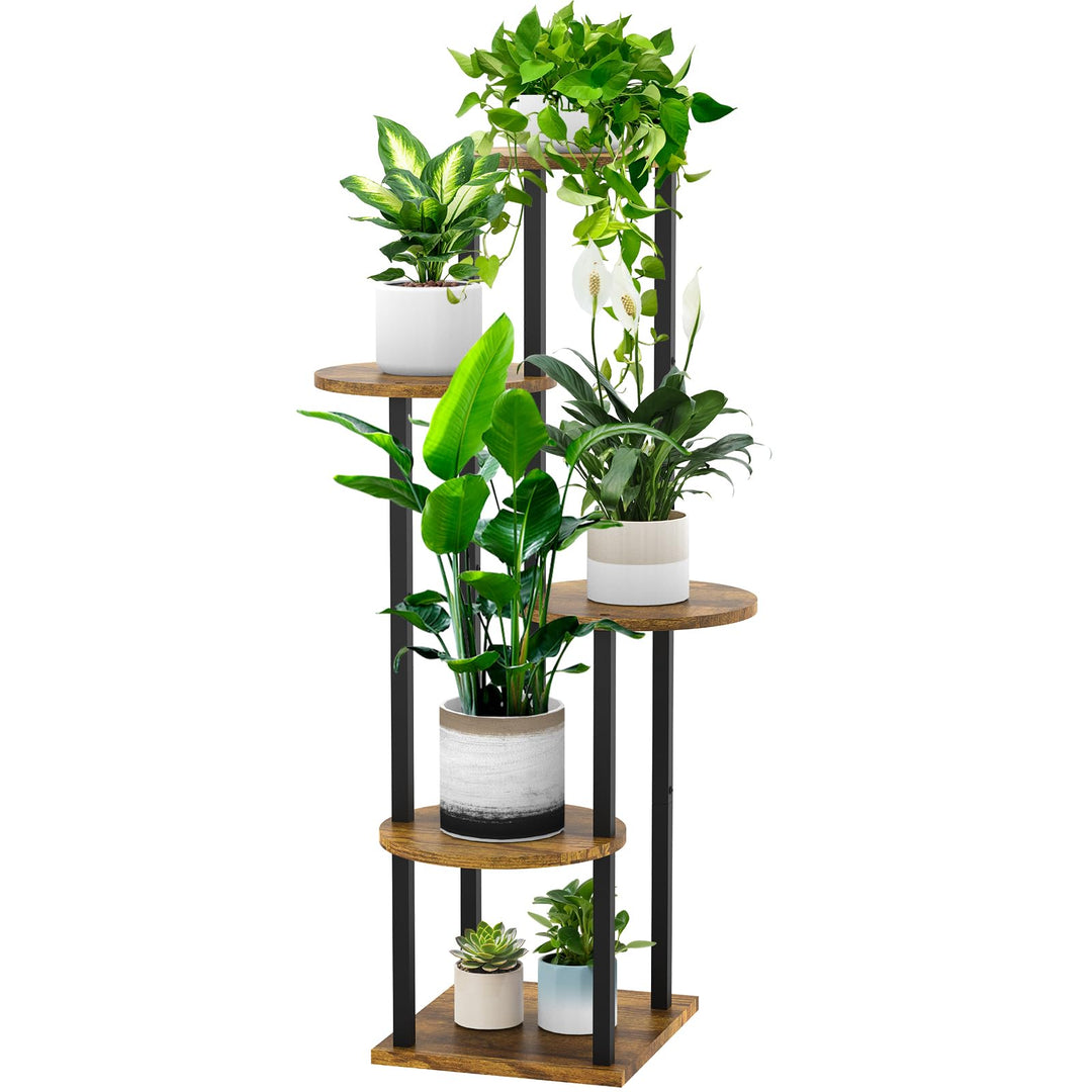 YOCOMEY 5 Tier Hölzern Blumenregal Metall Pflanzenregal, Mehrstöckig Blumenständer Pflanzenständer B