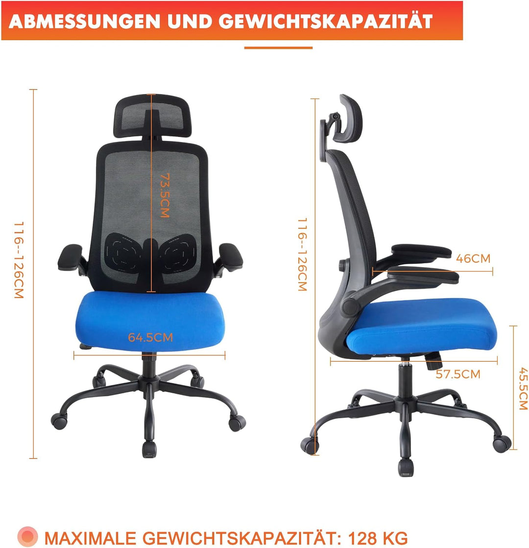 Sweetcrispy Ergonomischer Bürostuhl mit Kopfstütze & verstellbaren Armlehnen, 360° Drehfunktion, Höh