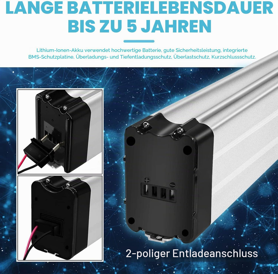 X-go Ebike Batterie, Elektrofahrrad Batterie E-Bike Lithium Batterie Silber Fisch mit Ladegerät, Led