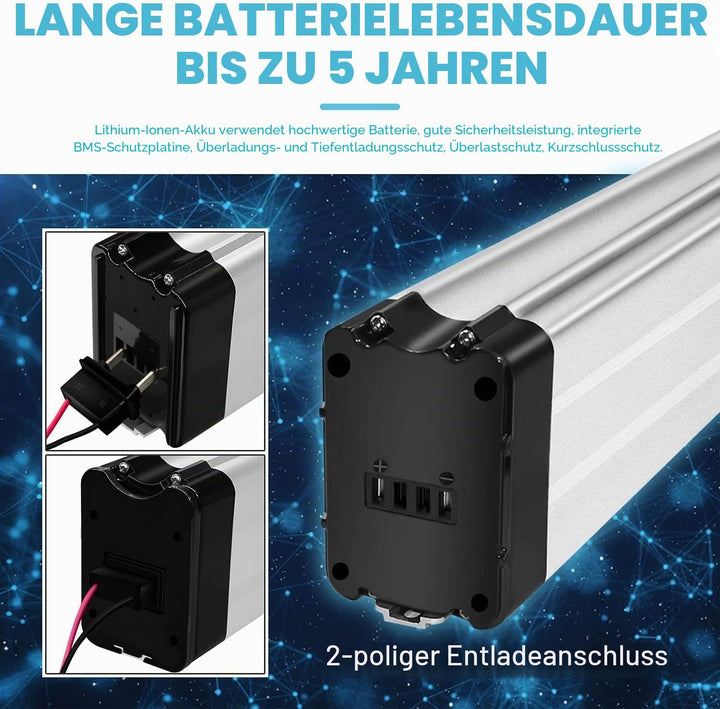X-go Ebike Batterie, Elektrofahrrad Batterie E-Bike Lithium Batterie Silber Fisch mit Ladegerät, Led