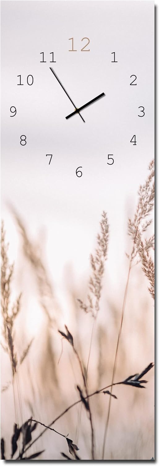 Wanduhr Calm Grasses 20 x 60 cm | lautlose Uhr aus Glas Made in EU - Glasuhr inklusive Wandaufhängun