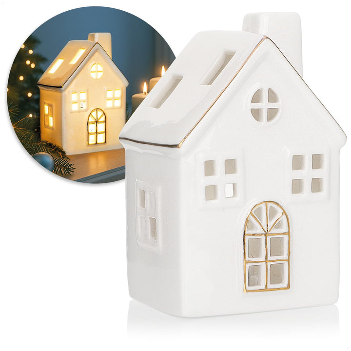 com-four® LED-Haus aus Porzellan - batteriebetriebenes Leuchthaus - weisses glänzendes Deko-Lichthäu