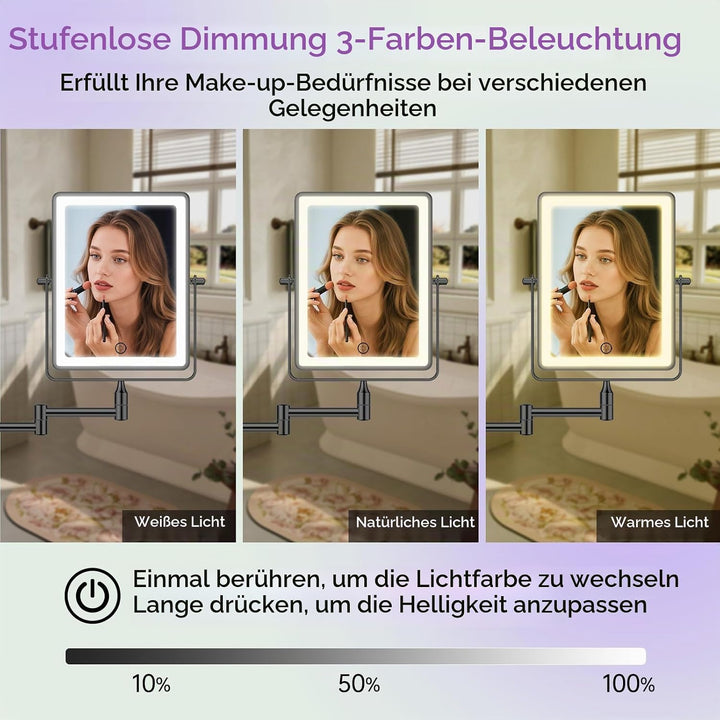FASCINATE Wiederaufladbarer Kosmetikspiegel mit 1X/20X Vergrösserung, 3 dimmbare Lichtfarben, Touchs