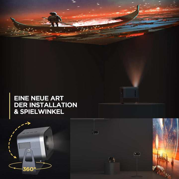 Beamer【360° Rotating & Elektrischer Fokus】 25000L 1080P HD Mini Beamer Handy WiFi6 Bluetooth Projekt