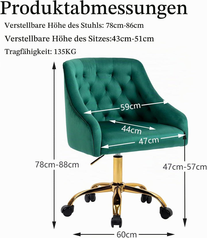 WOEOA Bürostuhl aus Samt, ergonomischer Drehstuhl mit Rollen, höhenverstellbarer Schreibtischstuhl,
