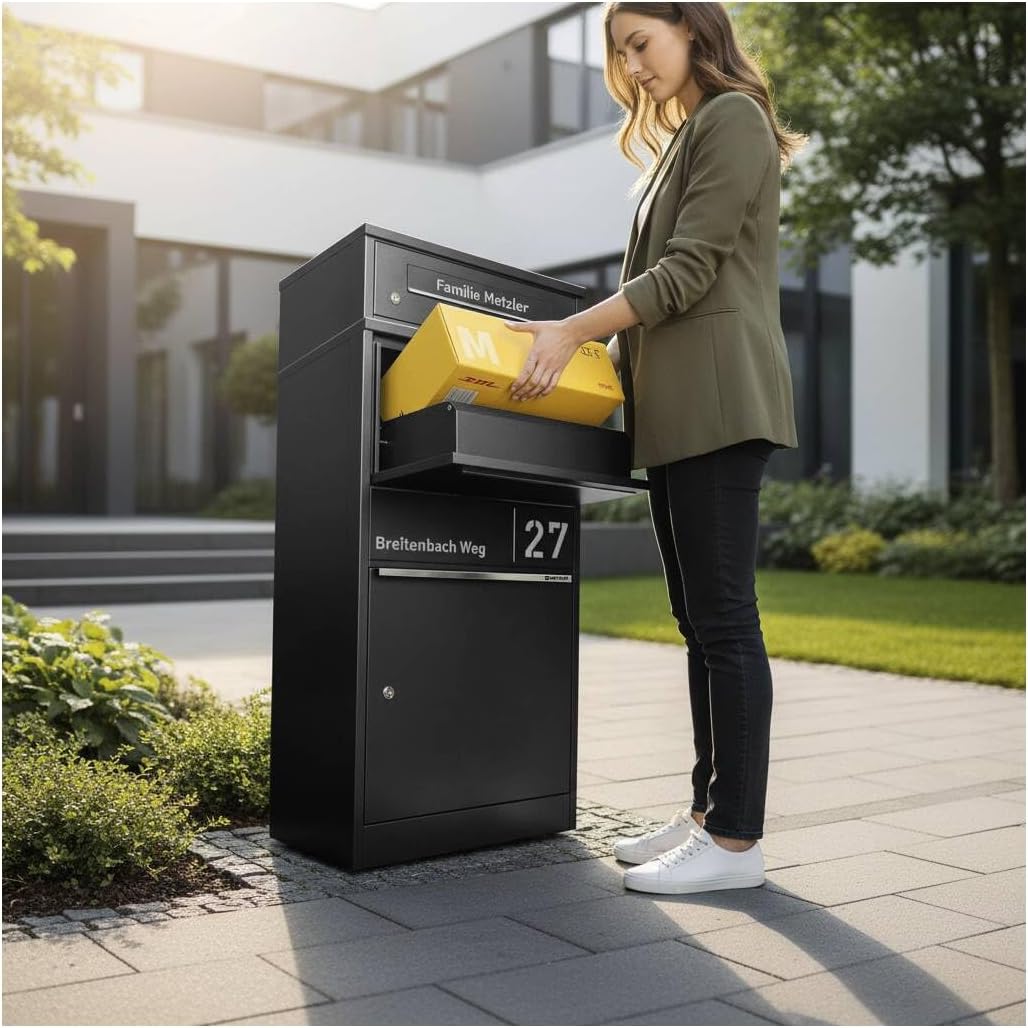 Metzler Paketbox draussen gross in Schwarz RAL9005 - Briefkasten mit Paketfach personalisiert mit Gr