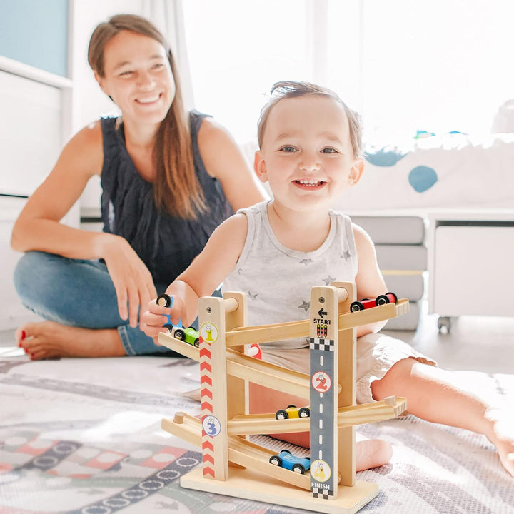 NUKied Kugelbahn Holz,Premium Holzspielzeug mit 4 Autos,Autorennbahn Holz Spielzeug für Jungen Gesch