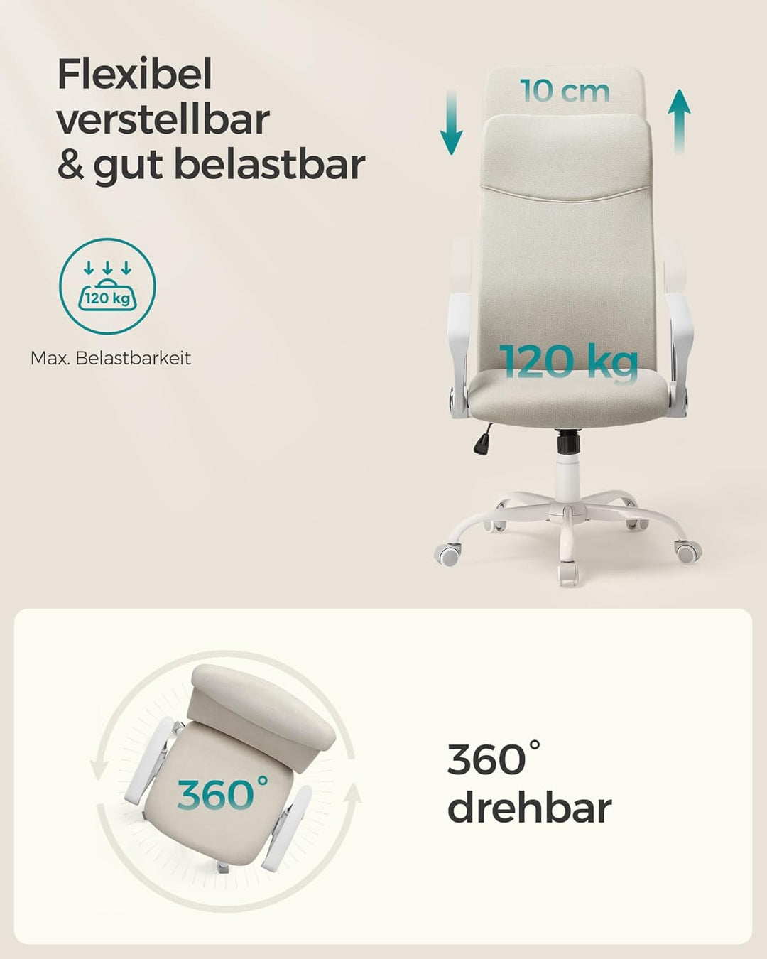 SONGMICS Bürostuhl, ergonomischer Schreibtischstuhl, Drehstuhl, gepolsterter Sitz, höhenverstellbar