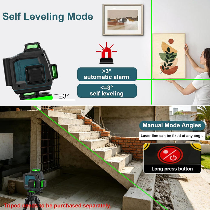 QUPERR 4D Kreuzlinienlaser Grün, 4x360° selbstnivellierende Laser Wasserwaage mit 16 Linien, Linienl