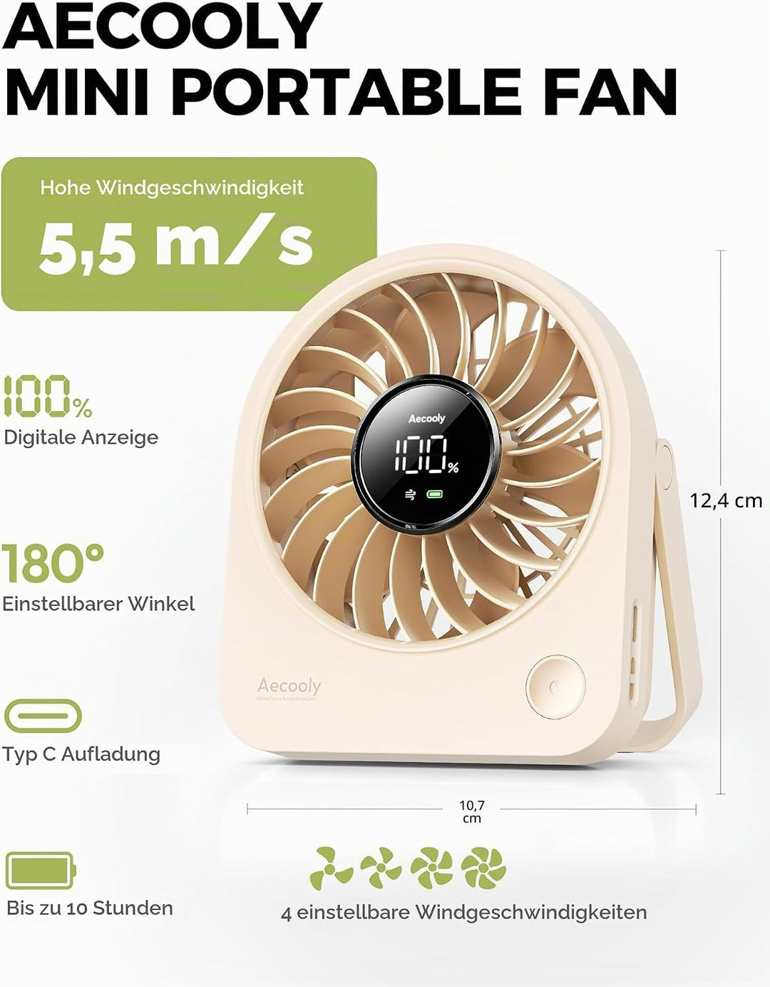 Aecooly Mini Ventilator Tischmodell, Usb-Geladen 4 Windstufen Leise Akku-Ventilator, 10 Stunden Akku