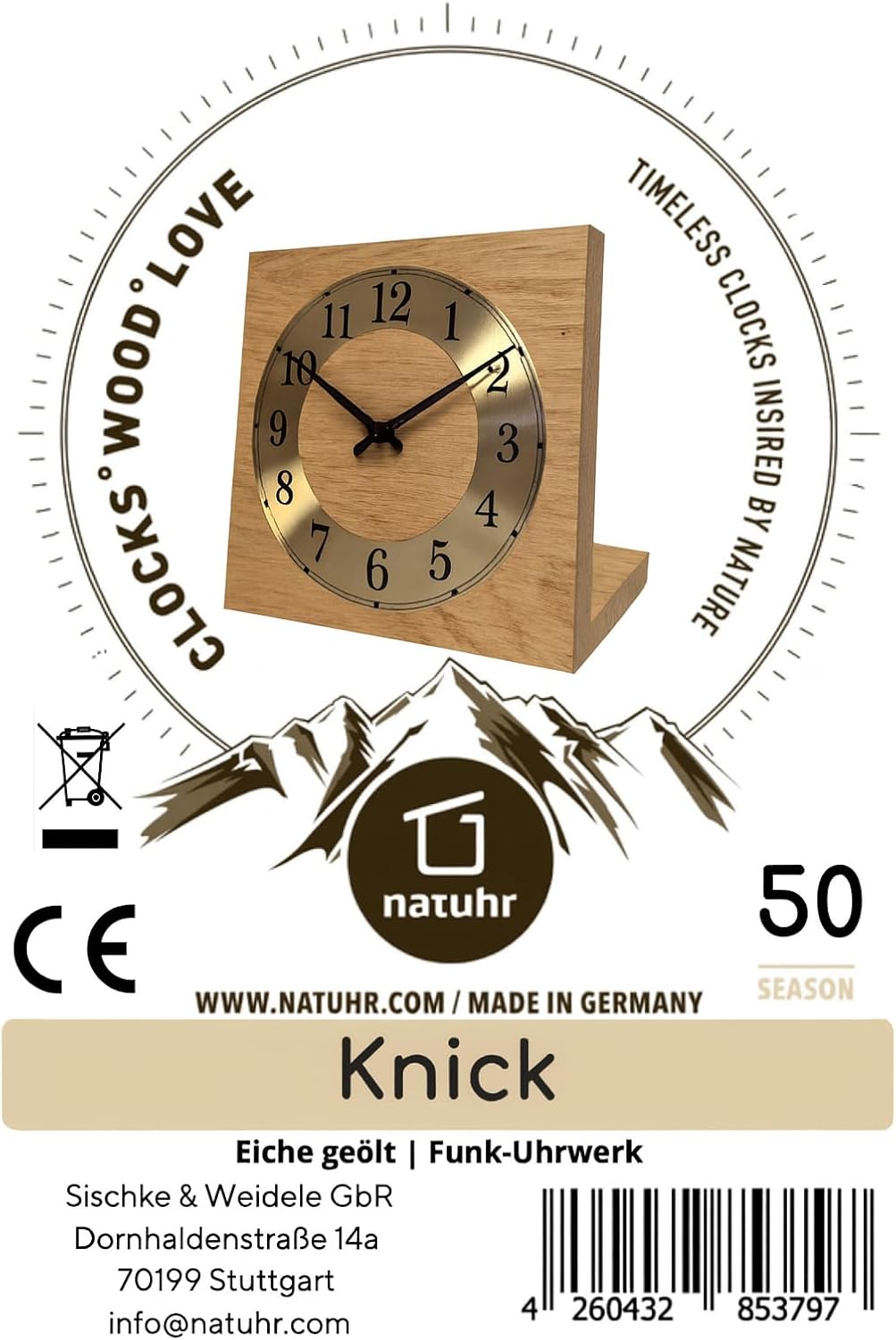 Tischuhr Eiche Buche Holz - Knick - Massivholz Design 17,5 x 17,5 cm (Funk-Uhrwerk, Eiche geölt) Eic
