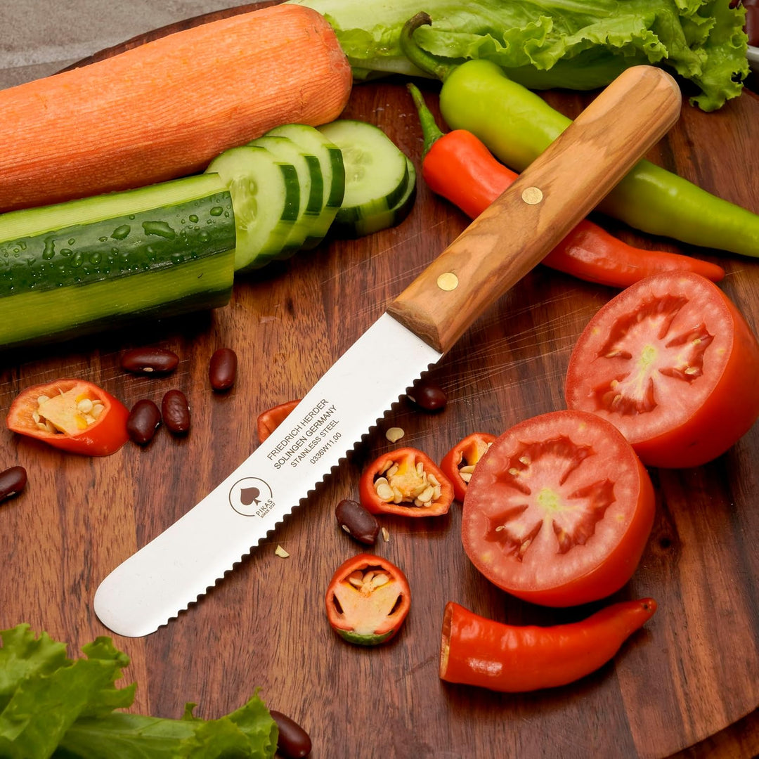 PIKAS - Solingen Messer mit Wellenschliff, Olive Holzgriff, Premium Buckelmesser, Küchenmesser, Früh