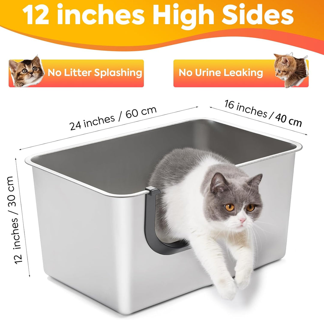 Yangbaga Edelstahl Katzentoilette Katzenklo offen in 60*40*30cm mit Eingang, Robuste Katzentoilette