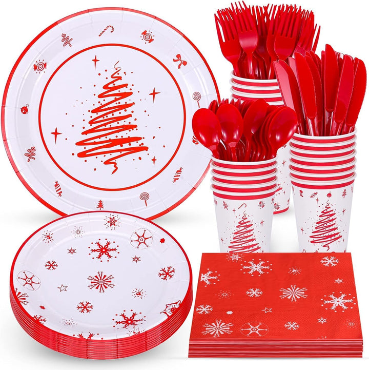 KAHEIGN 168Pcs Weihnachten Geschirr Set für 24 Personen, Papier Partygeschirrset mit 24Sets Speisete