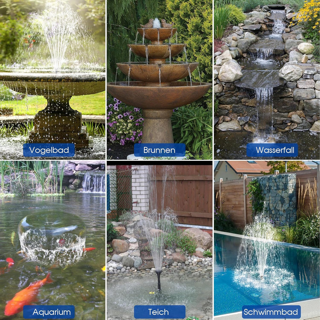 Biling Solar Springbrunnen für Aussen, 12W Solar Teichpumpe 605L/H Leise mit 4 Düsen und Schlauch, S