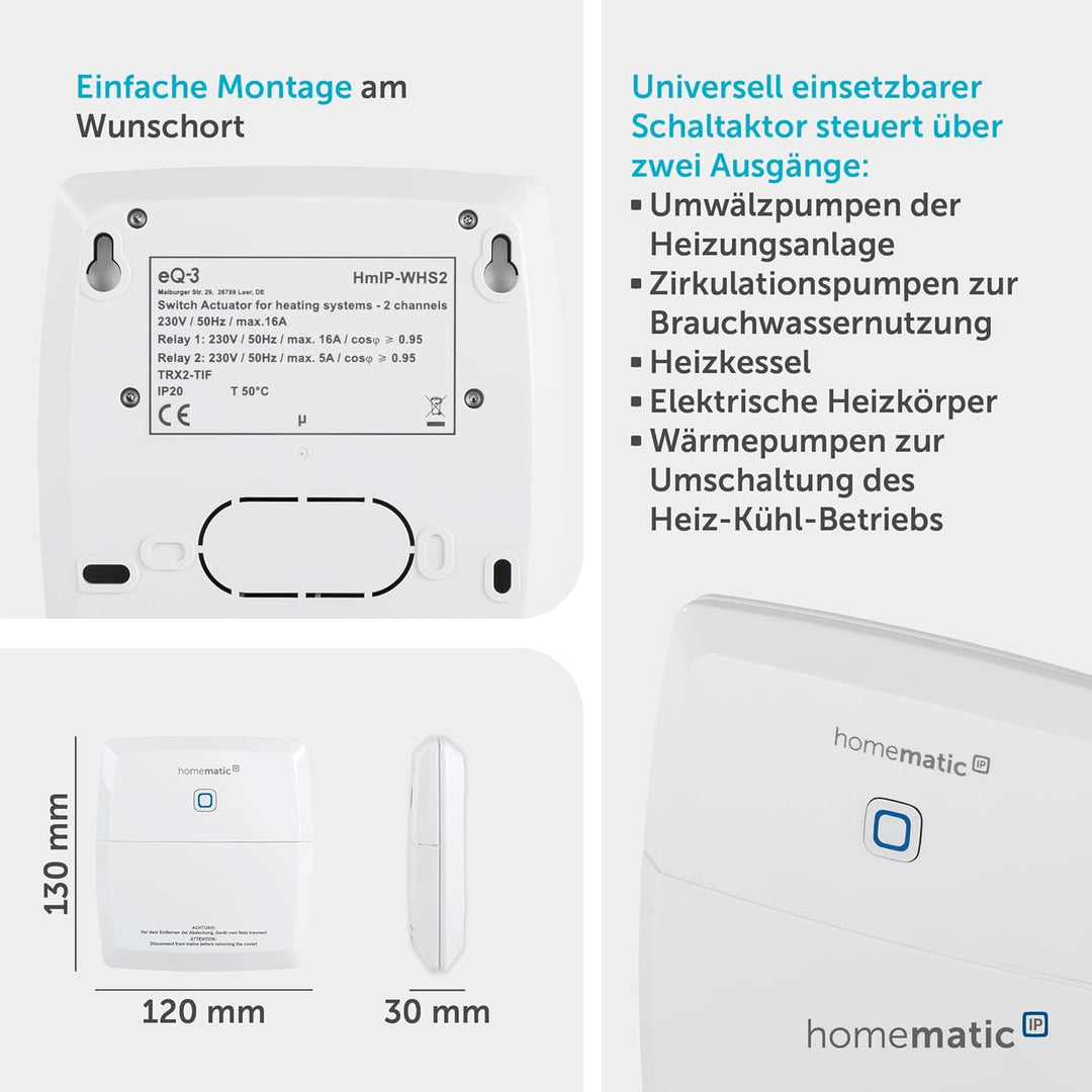 Homematic IP Schaltaktor für Heizungsanlagen – 2-Fach, 3680 W, 230 V, 150842A0, Schaltaktor für Heiz