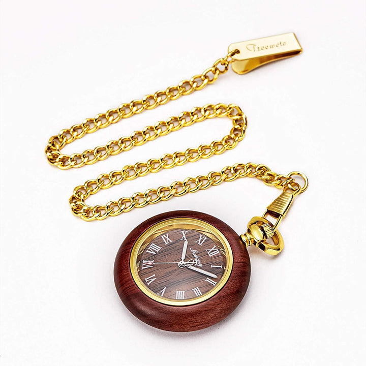 TREEWETO Unisex Holz Taschenuhr mit Kette Analog Quarz Römische Ziffern